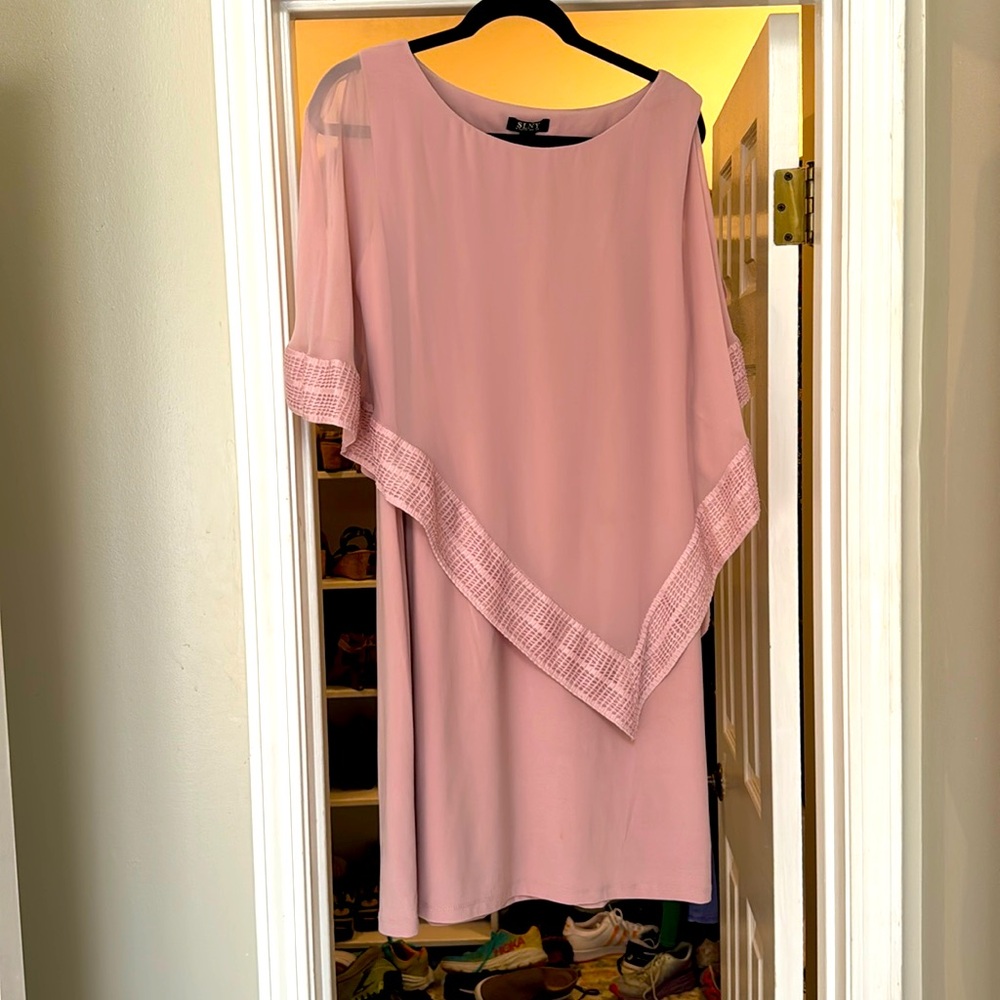 SLNY dusty rose knit sheath dress with attached cape.